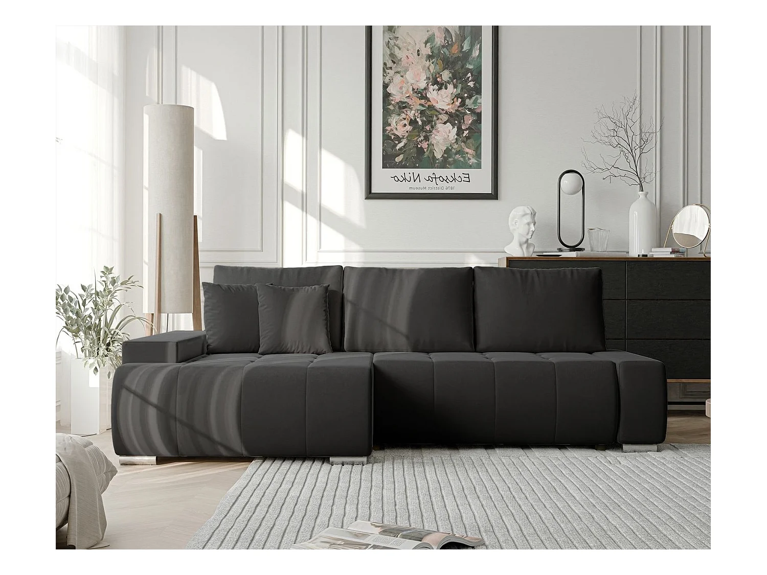 Canapé d'angle gauche convertible en velours, gris anthracite