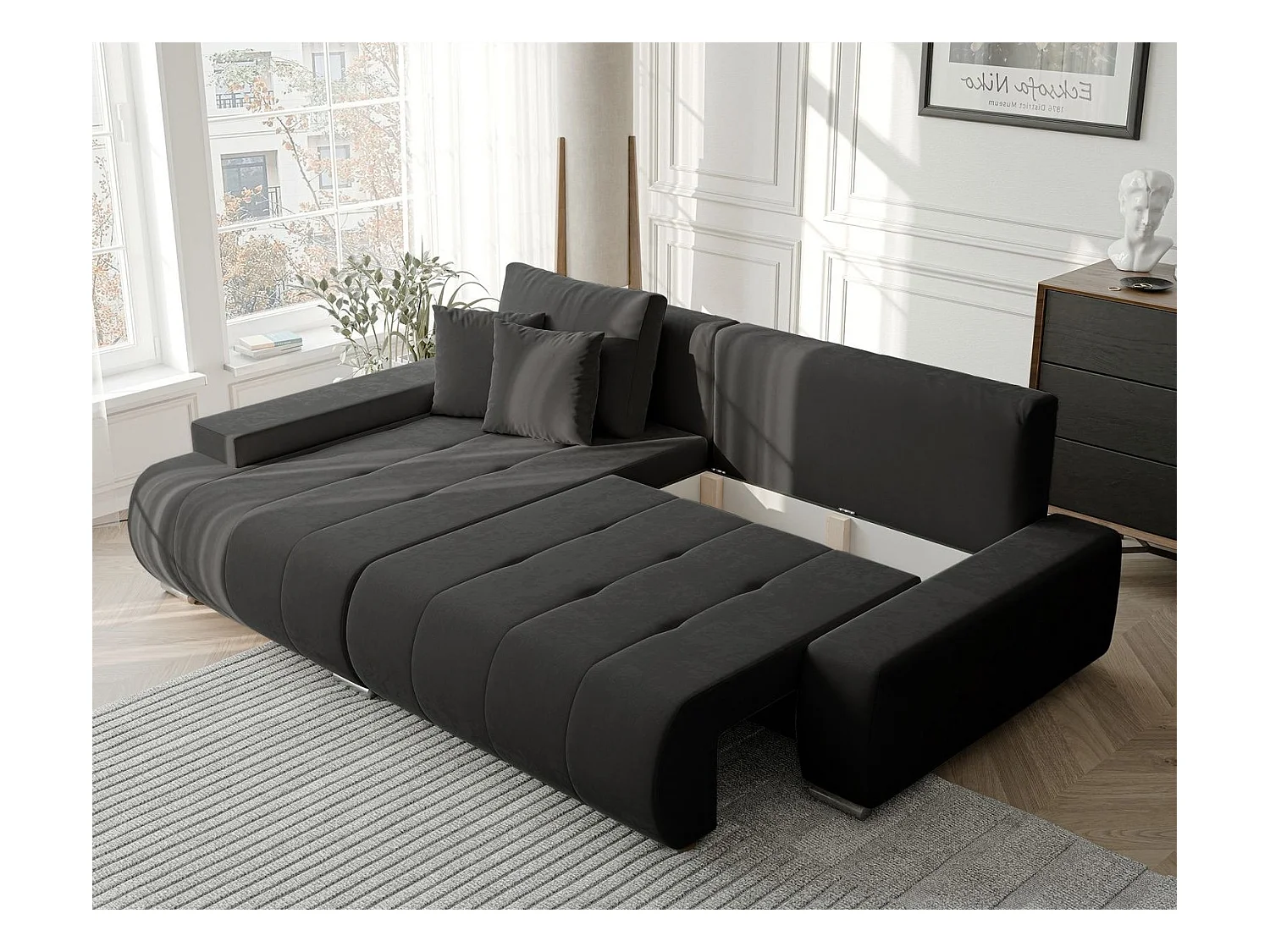 Canapé d'angle gauche convertible en velours, gris anthracite