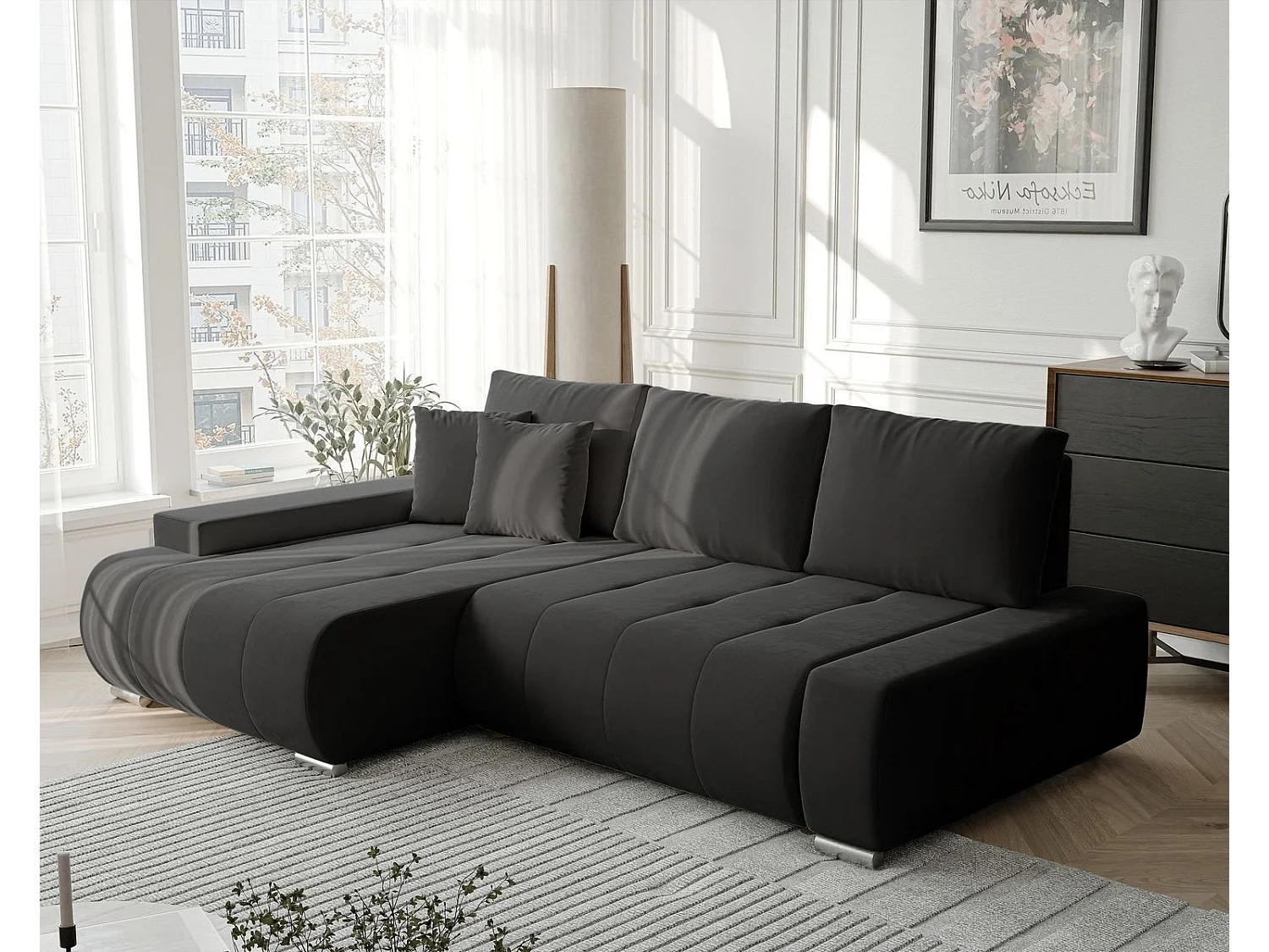 Canapé d'angle gauche convertible en velours, gris anthracite