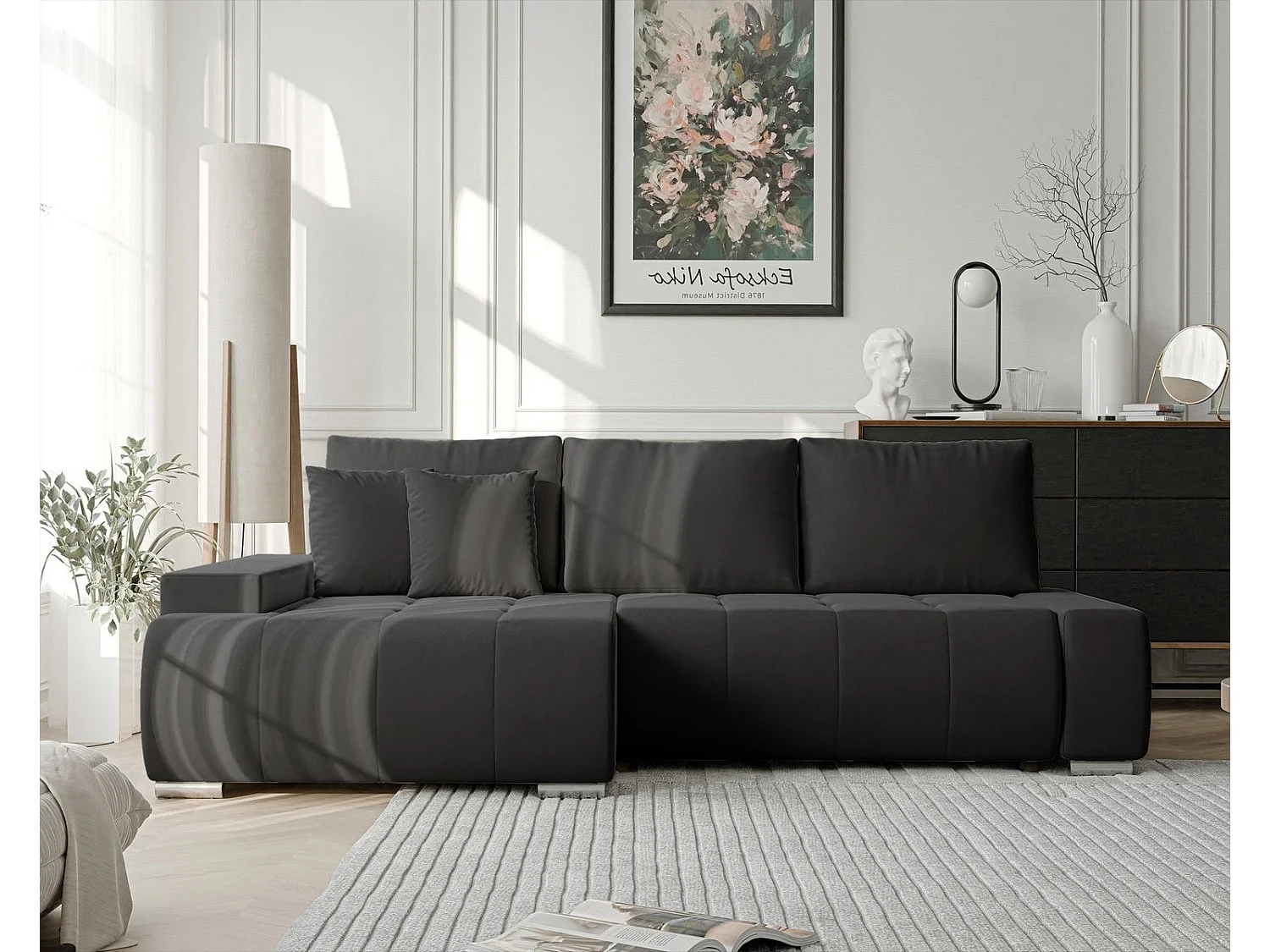 Canapé d'angle gauche convertible en velours, gris anthracite