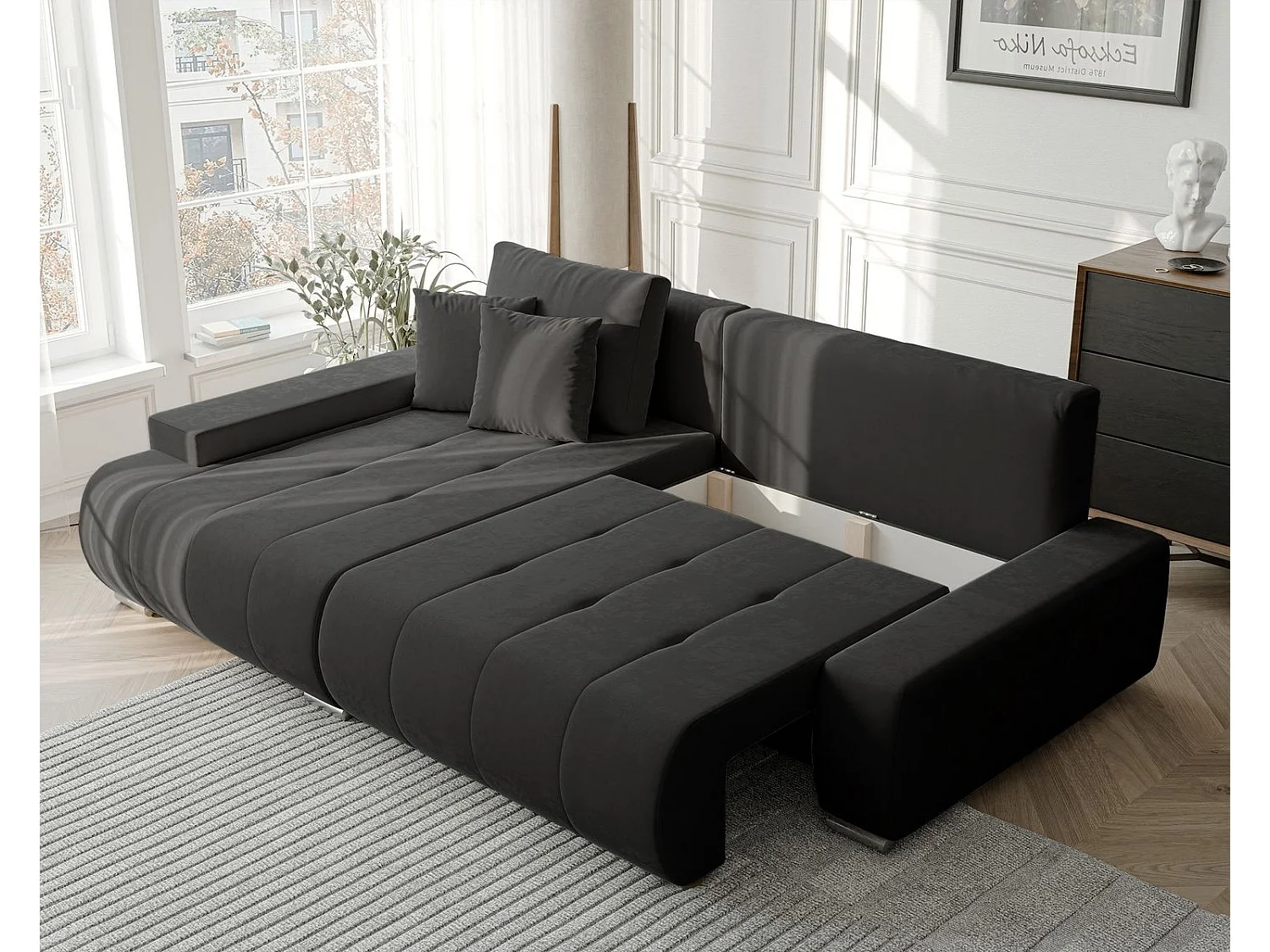 Canapé d'angle gauche convertible en velours, gris anthracite