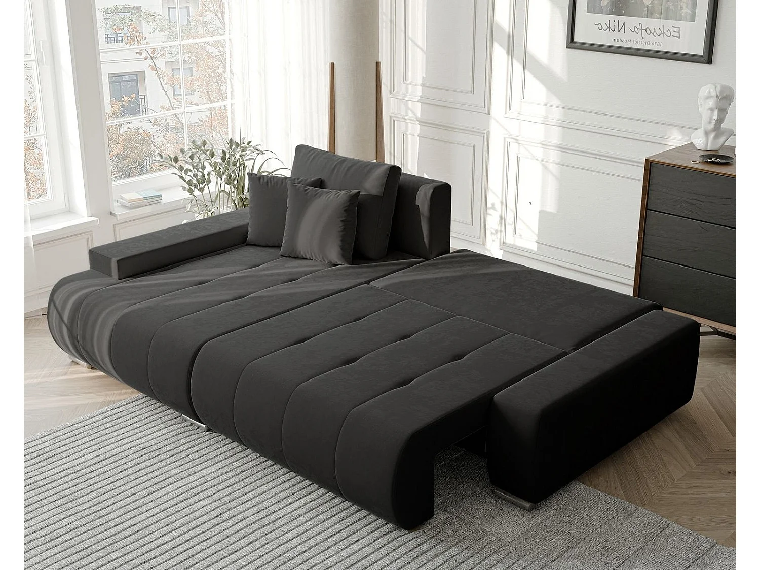 Canapé d'angle gauche convertible en velours, gris anthracite