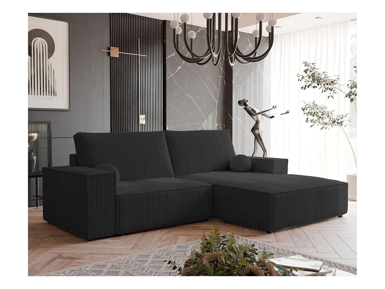 Canapé d'angle droit convertible en velours côtelé, noir