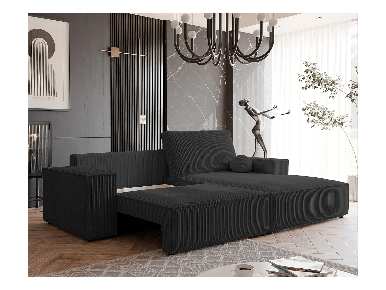 Canapé d'angle droit convertible en velours côtelé, noir