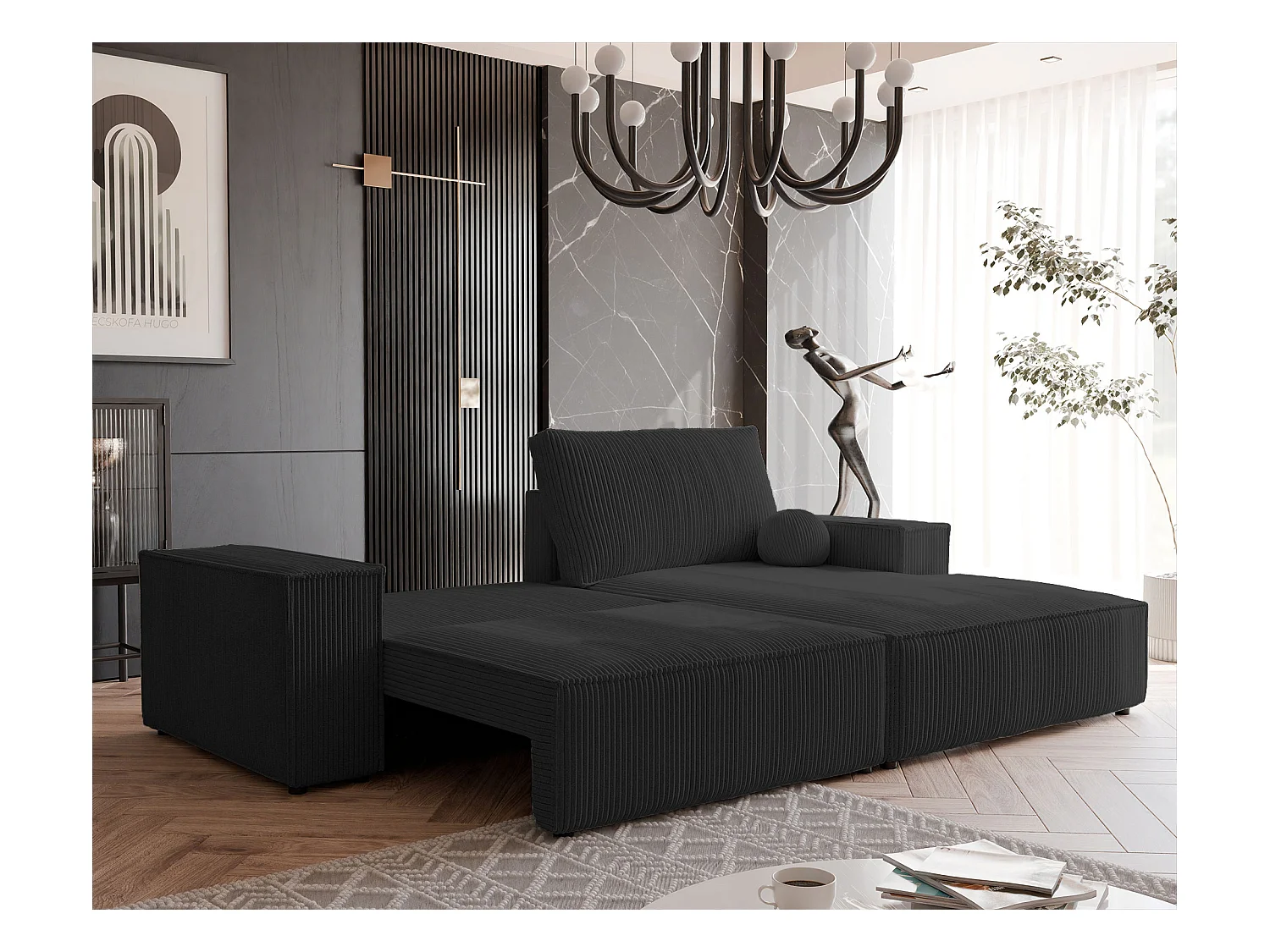 Canapé d'angle droit convertible en velours côtelé, noir