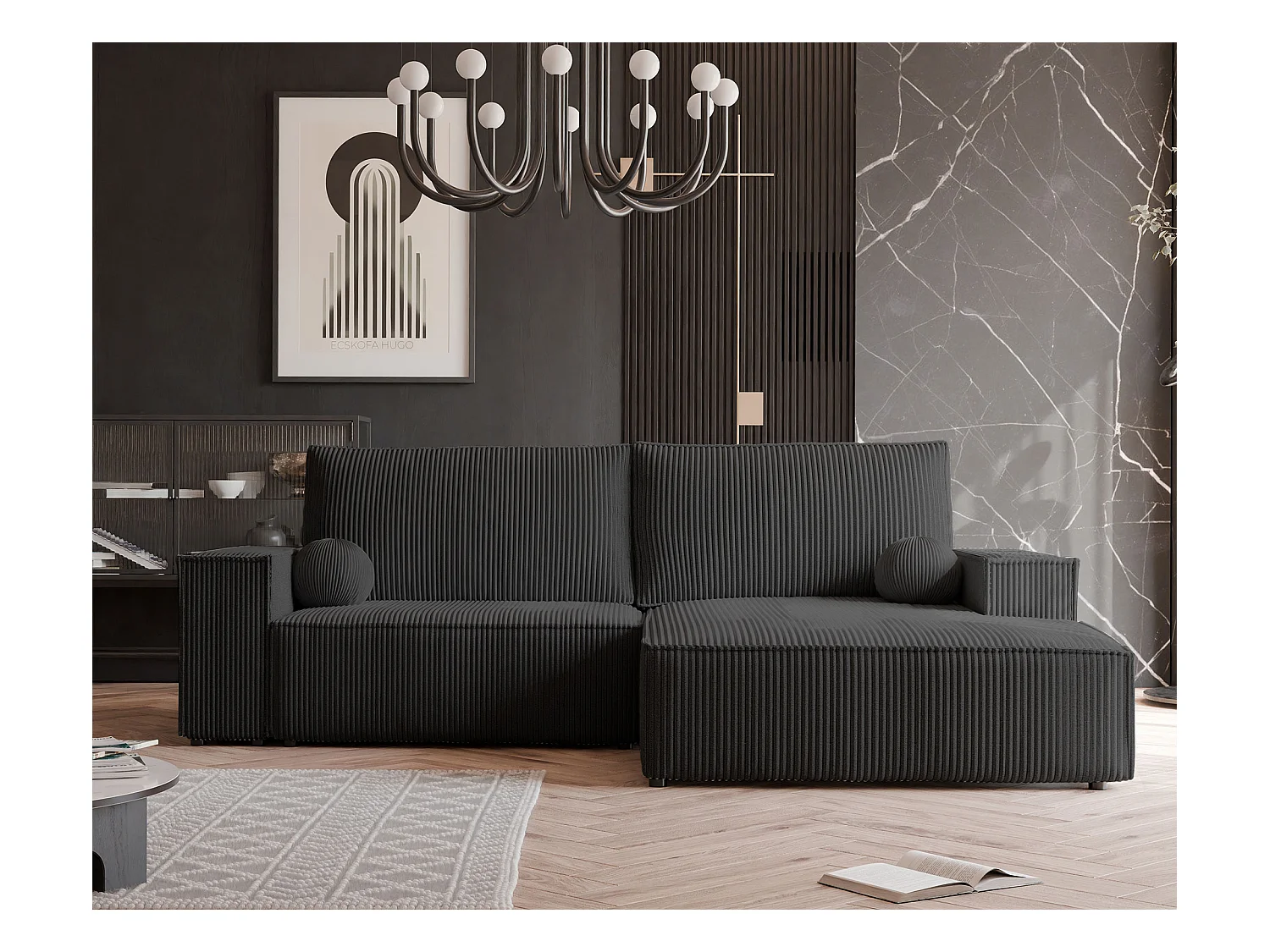 Canapé d'angle droit convertible en velours côtelé, noir