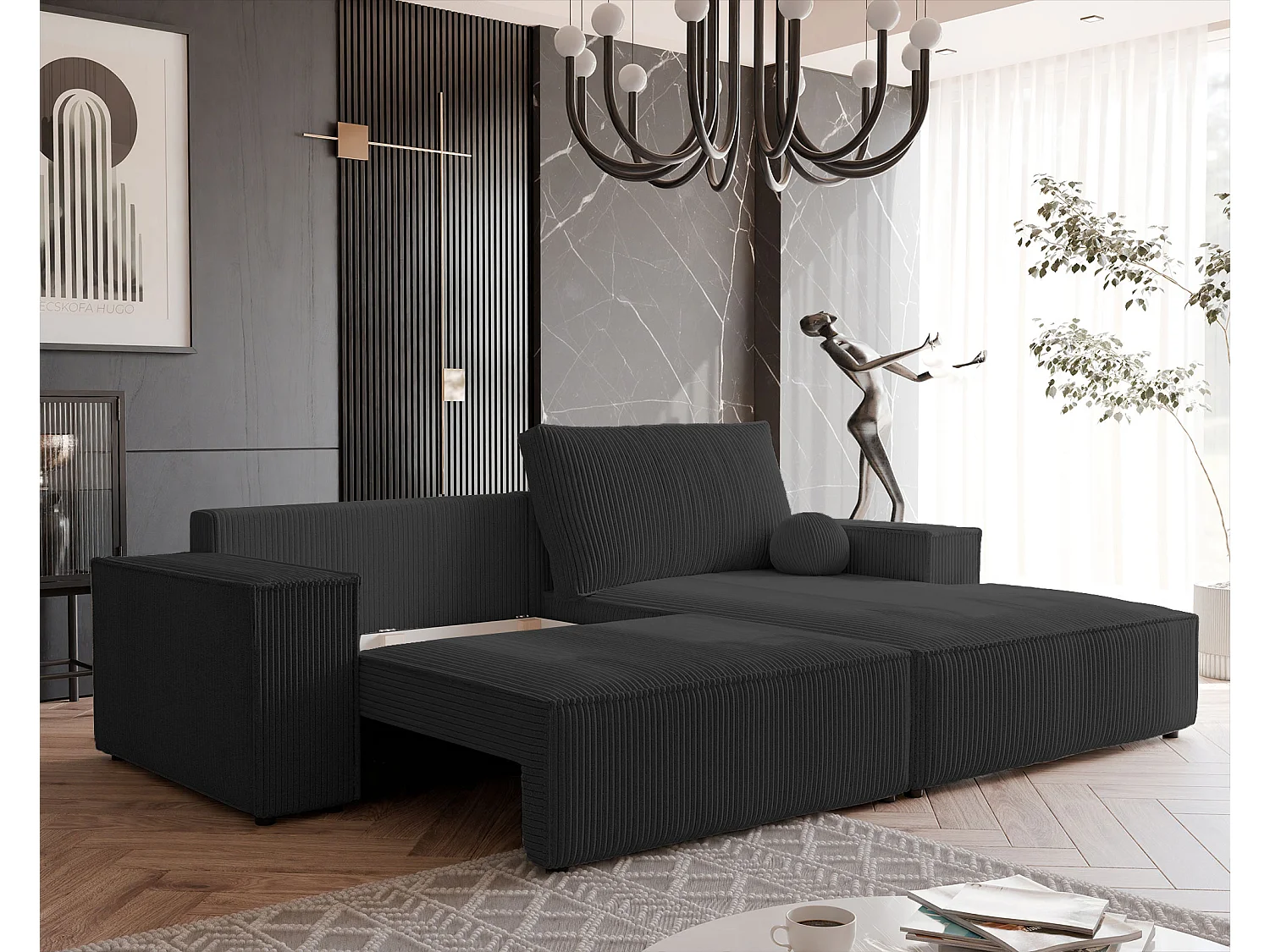 Canapé d'angle droit convertible en velours côtelé, noir