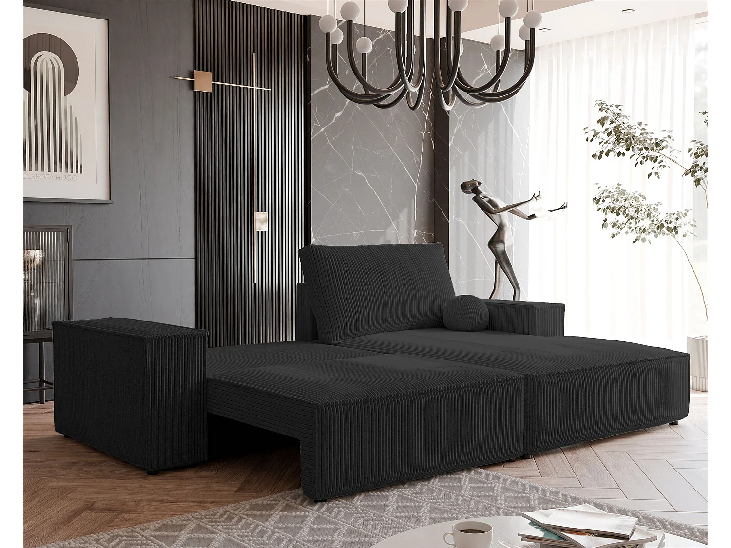 Canapé d'angle droit convertible en velours côtelé, noir