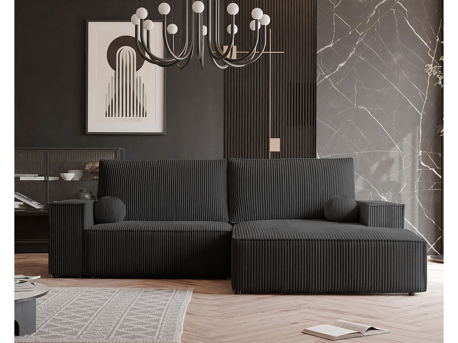 Canapé d'angle droit convertible en velours côtelé, noir