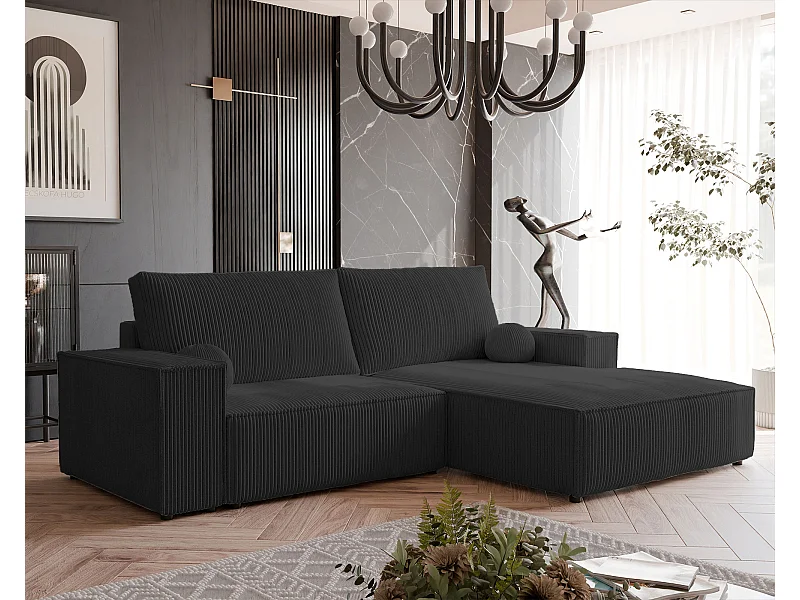 Canapé d'angle droit convertible en velours côtelé, noir