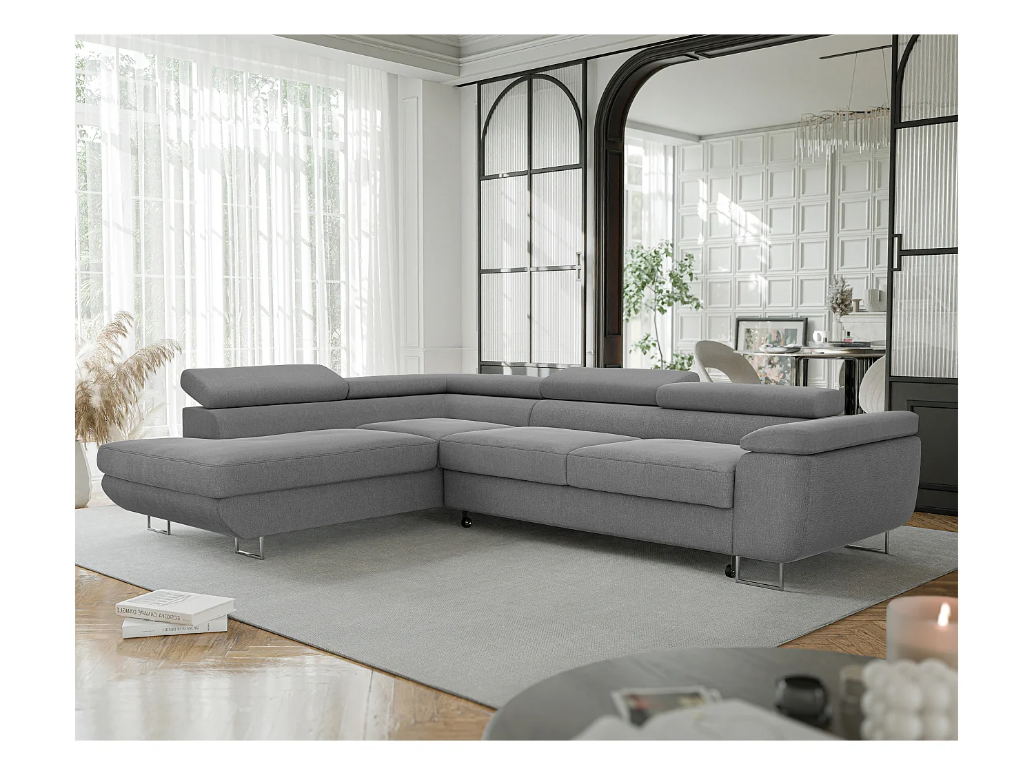 Canapé d'angle gauche convertible en tissu gris