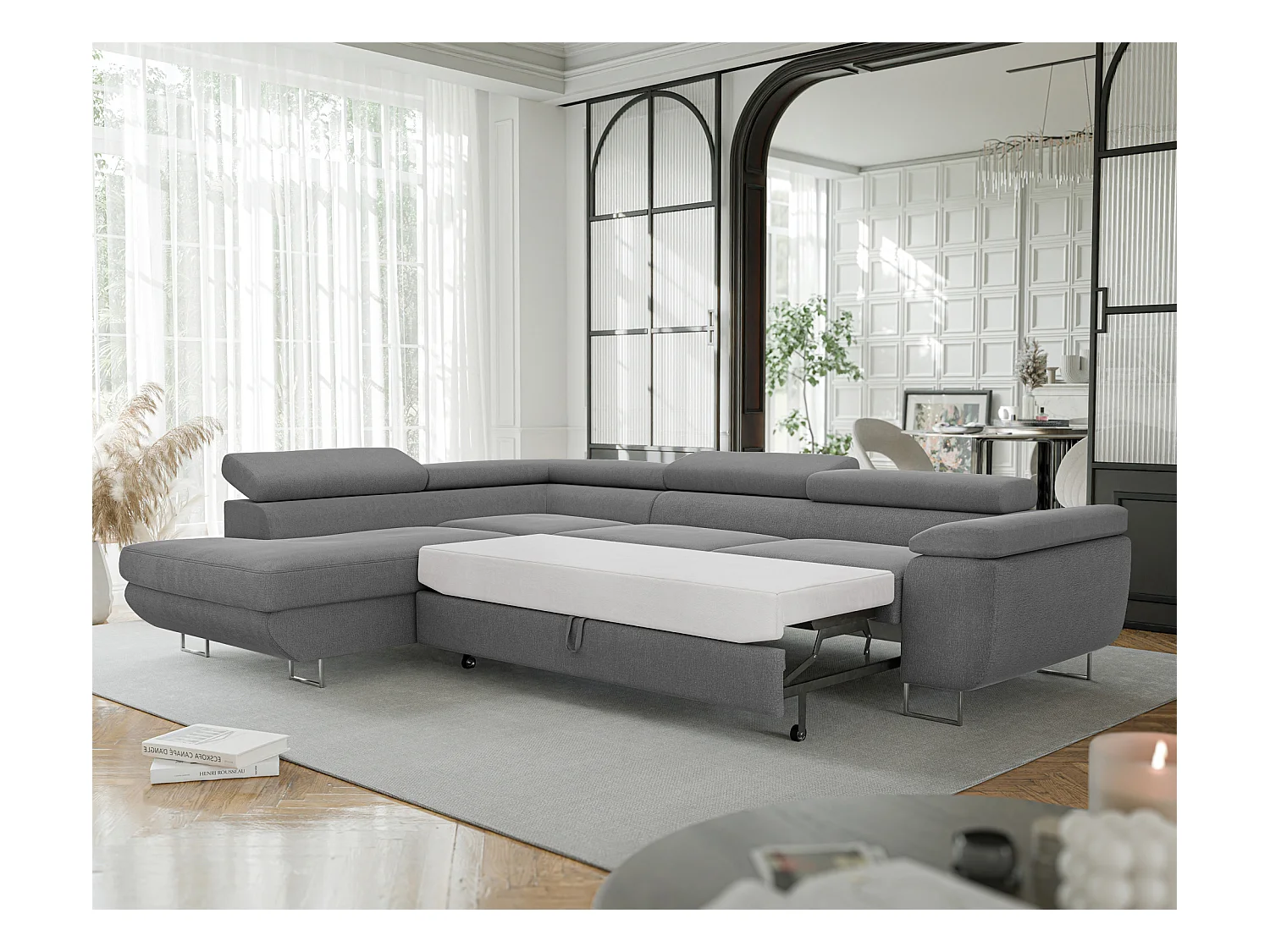 Canapé d'angle gauche convertible en tissu gris