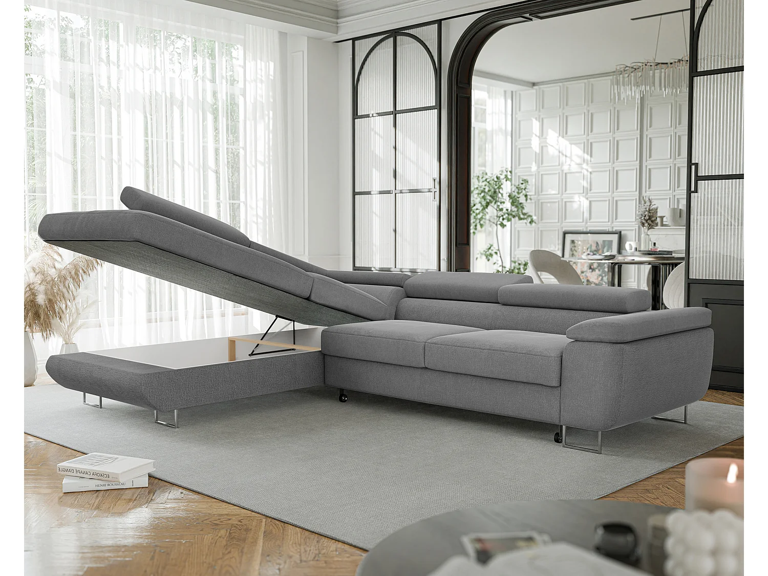 Canapé d'angle gauche convertible en tissu gris