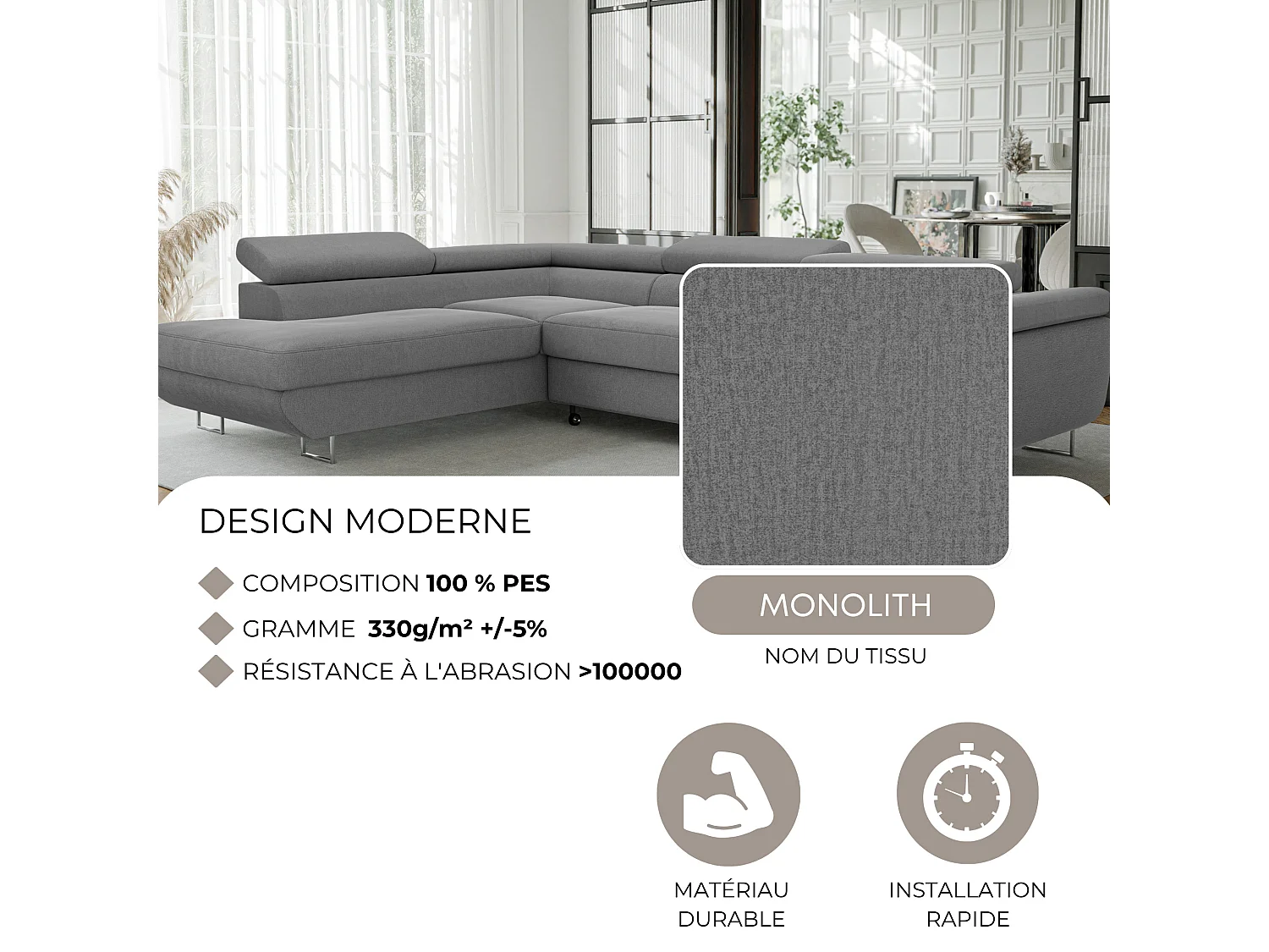 Canapé d'angle gauche convertible en tissu gris