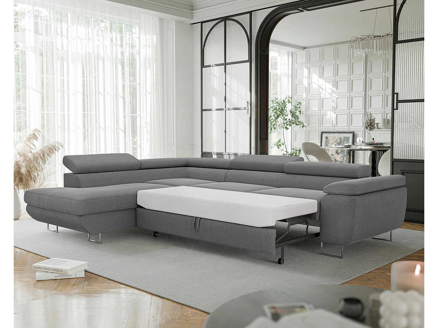 Canapé d'angle gauche convertible en tissu gris