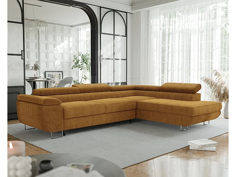 Canapé d'angle droit convertible en tissu jaune moutarde