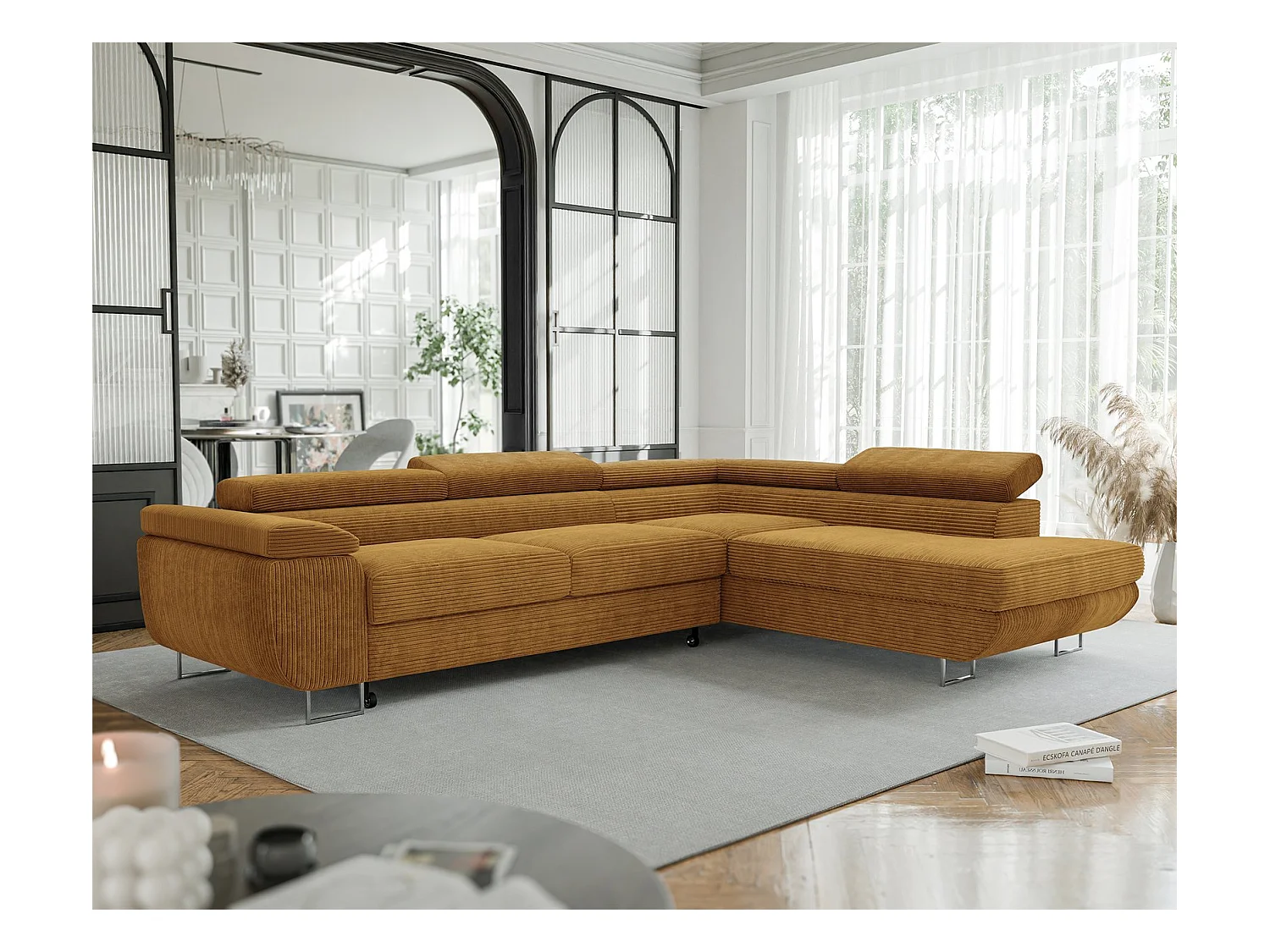 Canapé d'angle droit convertible en tissu jaune moutarde