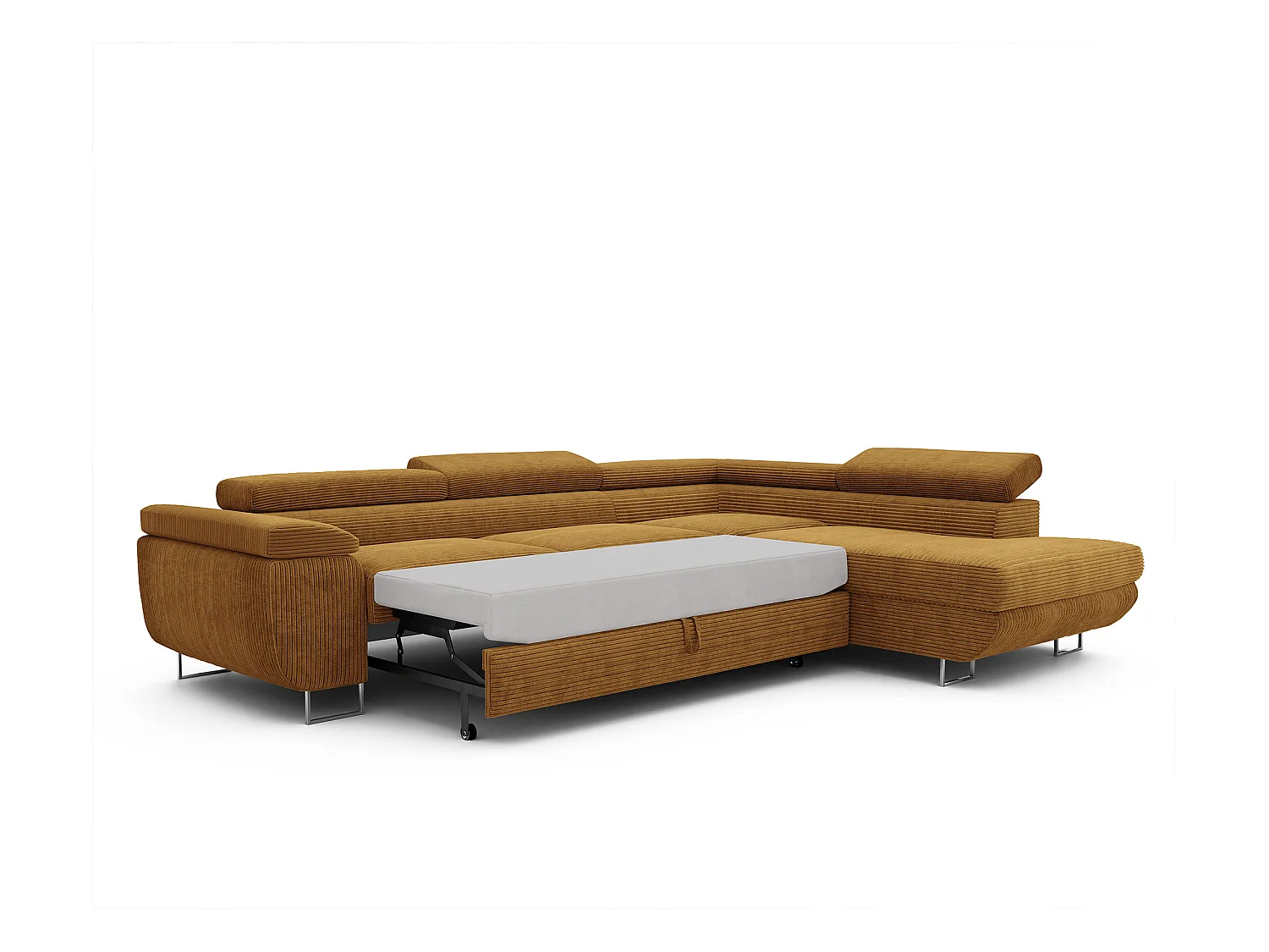 Canapé d'angle droit convertible en tissu jaune moutarde