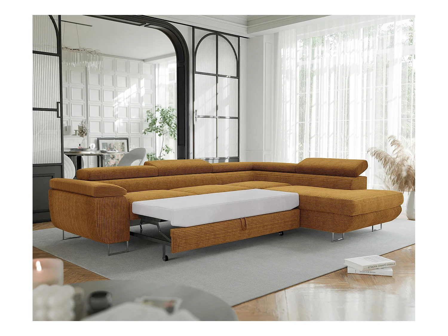 Canapé d'angle droit convertible en tissu jaune moutarde