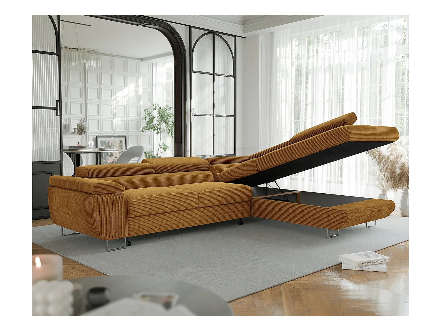 Canapé d'angle droit convertible en tissu jaune moutarde