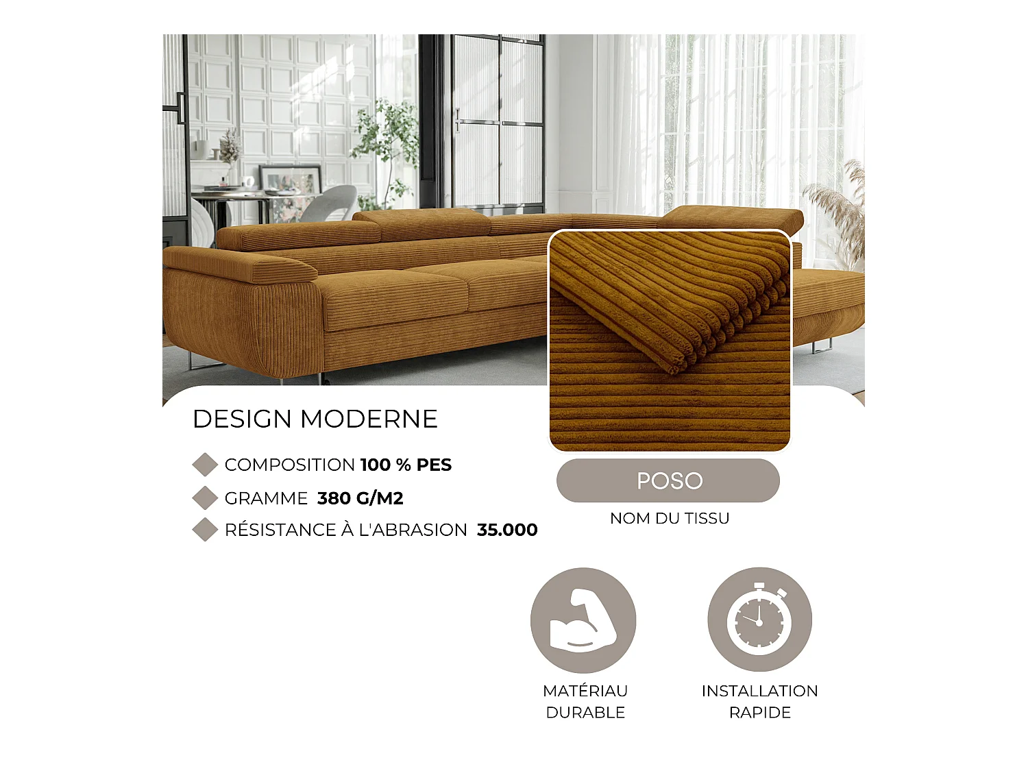 Canapé d'angle droit convertible en tissu jaune moutarde