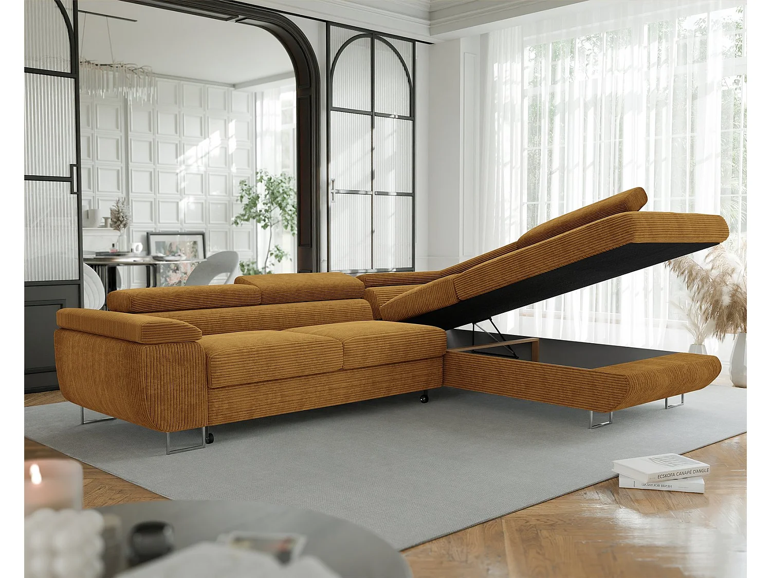 Canapé d'angle droit convertible en tissu jaune moutarde