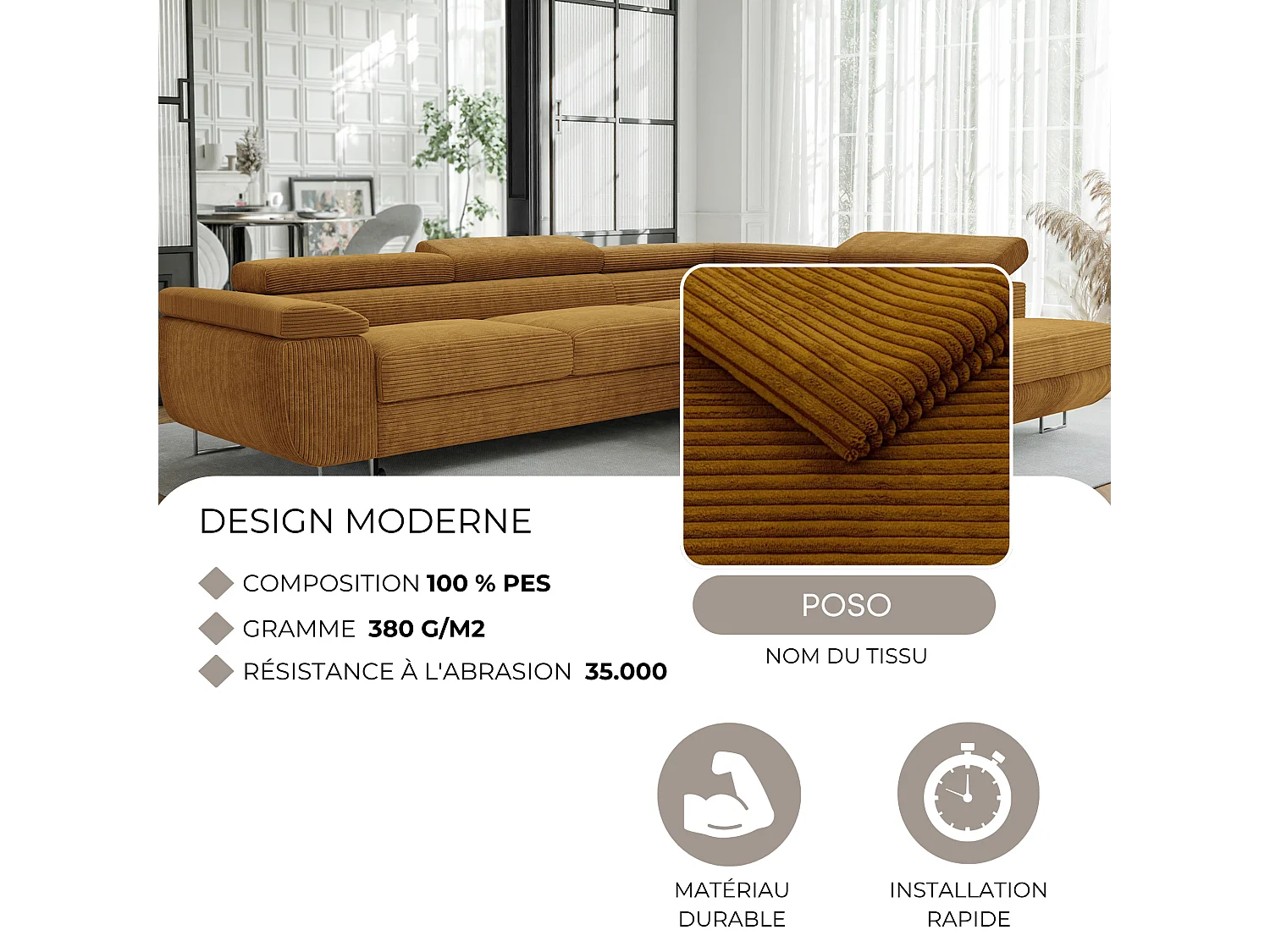 Canapé d'angle droit convertible en tissu jaune moutarde