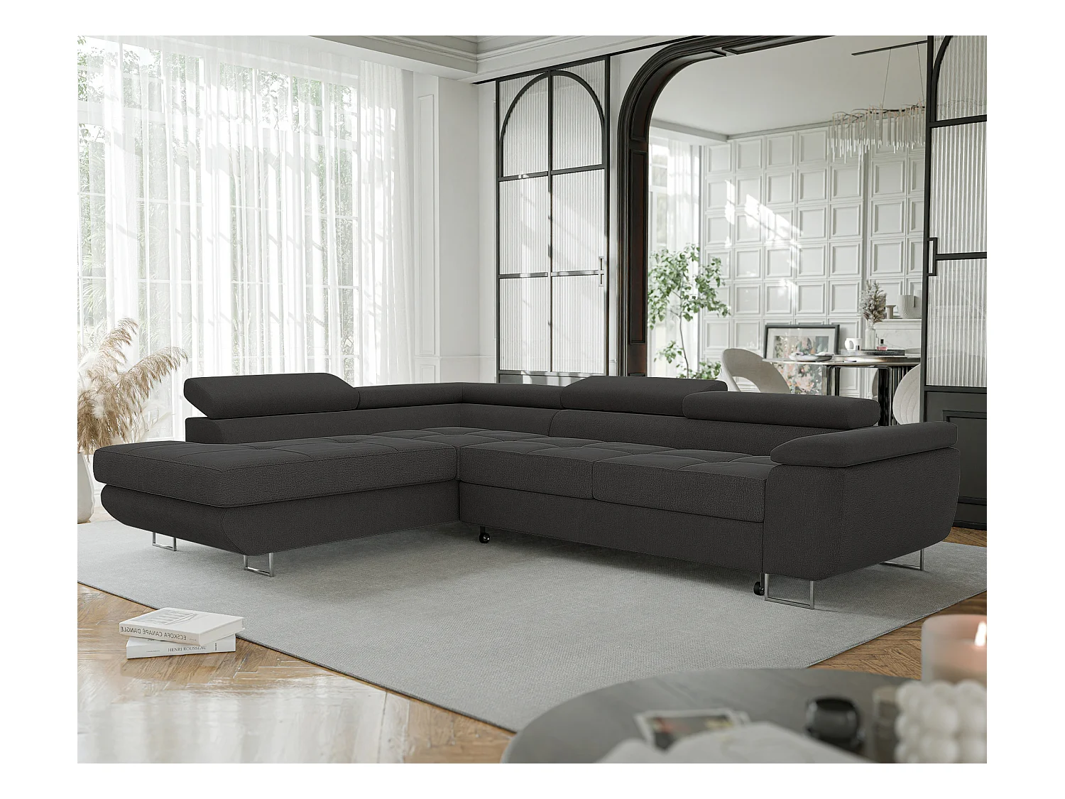 Canapé d'angle gauche convertible en tissu gris foncé