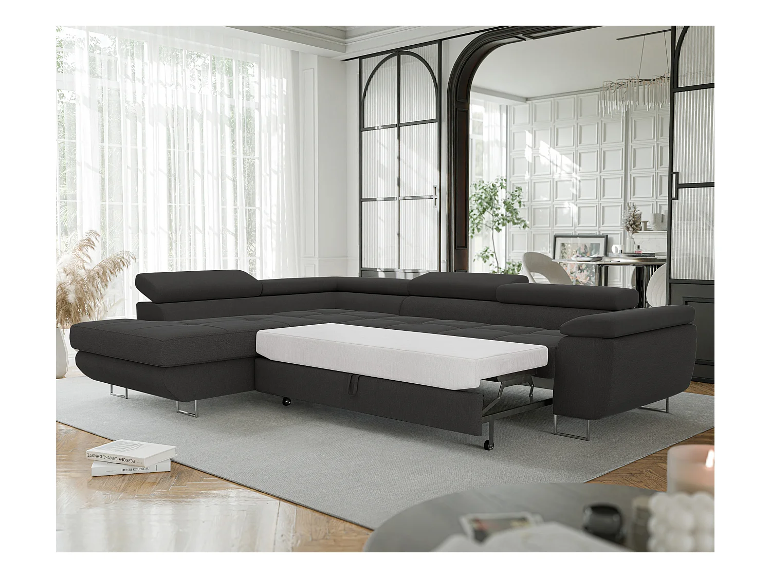 Canapé d'angle gauche convertible en tissu gris foncé