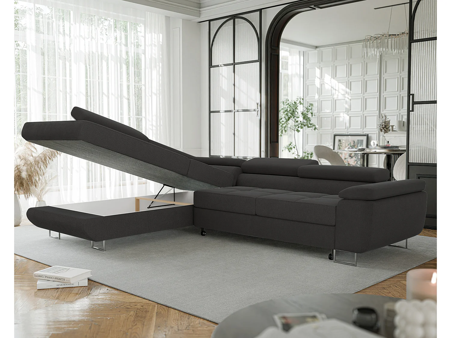 Canapé d'angle gauche convertible en tissu gris foncé