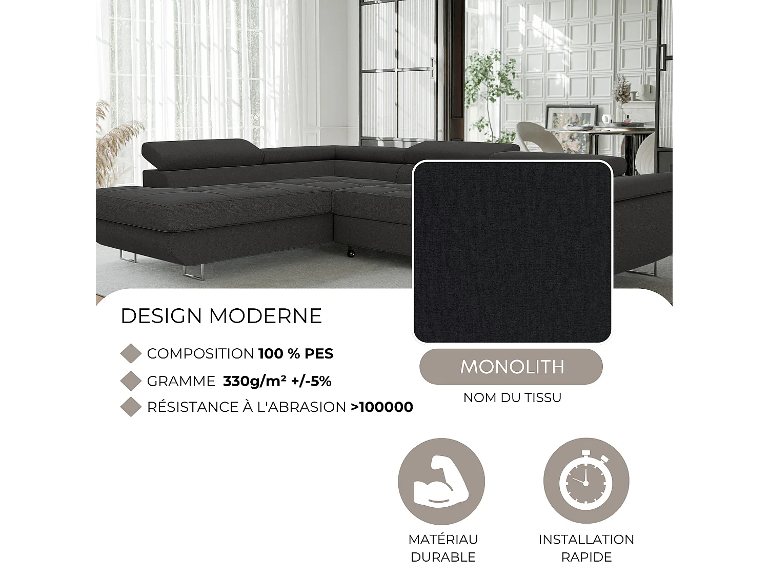 Canapé d'angle gauche convertible en tissu gris foncé