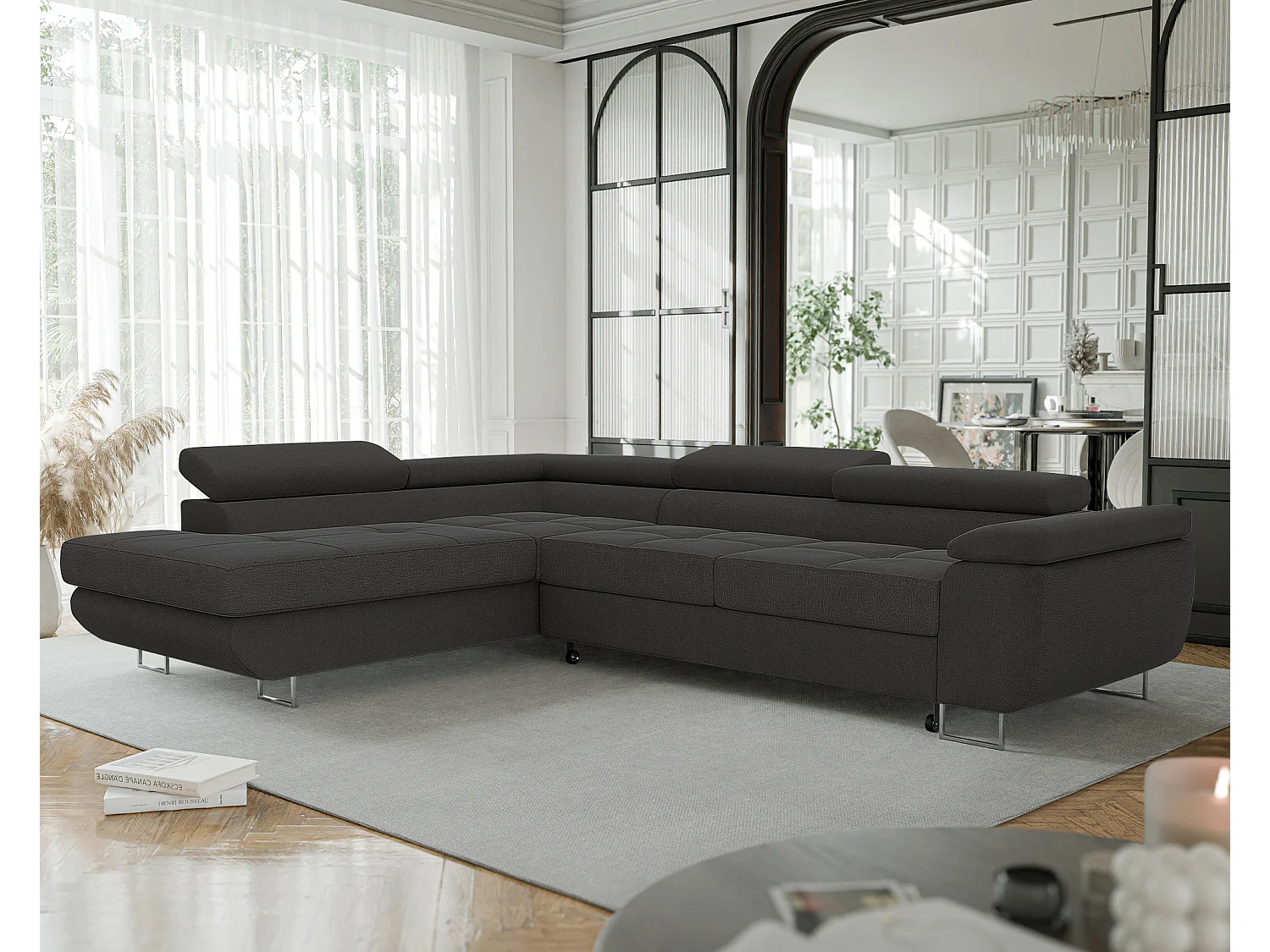 Canapé d'angle gauche convertible en tissu gris foncé