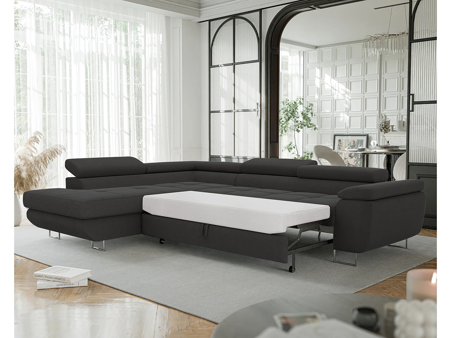 Canapé d'angle gauche convertible en tissu gris foncé