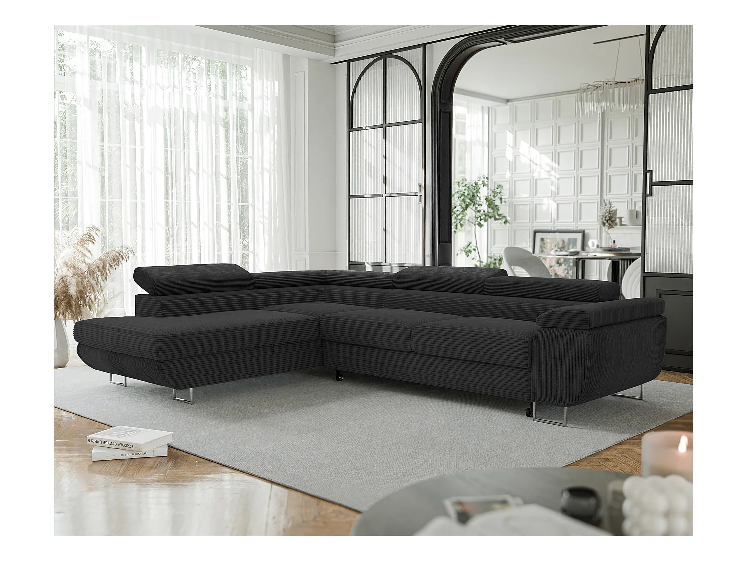 Canapé d'angle gauche convertible en tissu noir