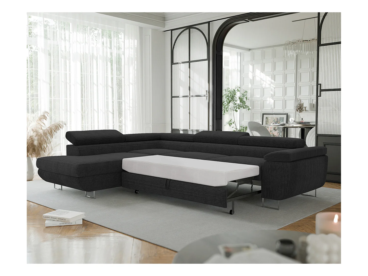 Canapé d'angle gauche convertible en tissu noir