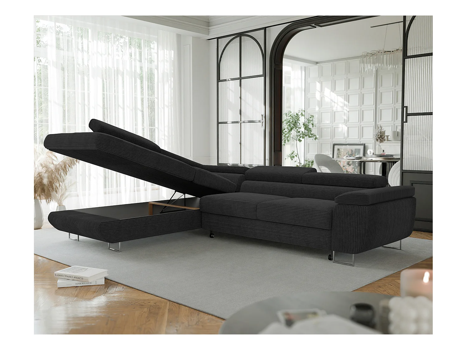 Canapé d'angle gauche convertible en tissu noir