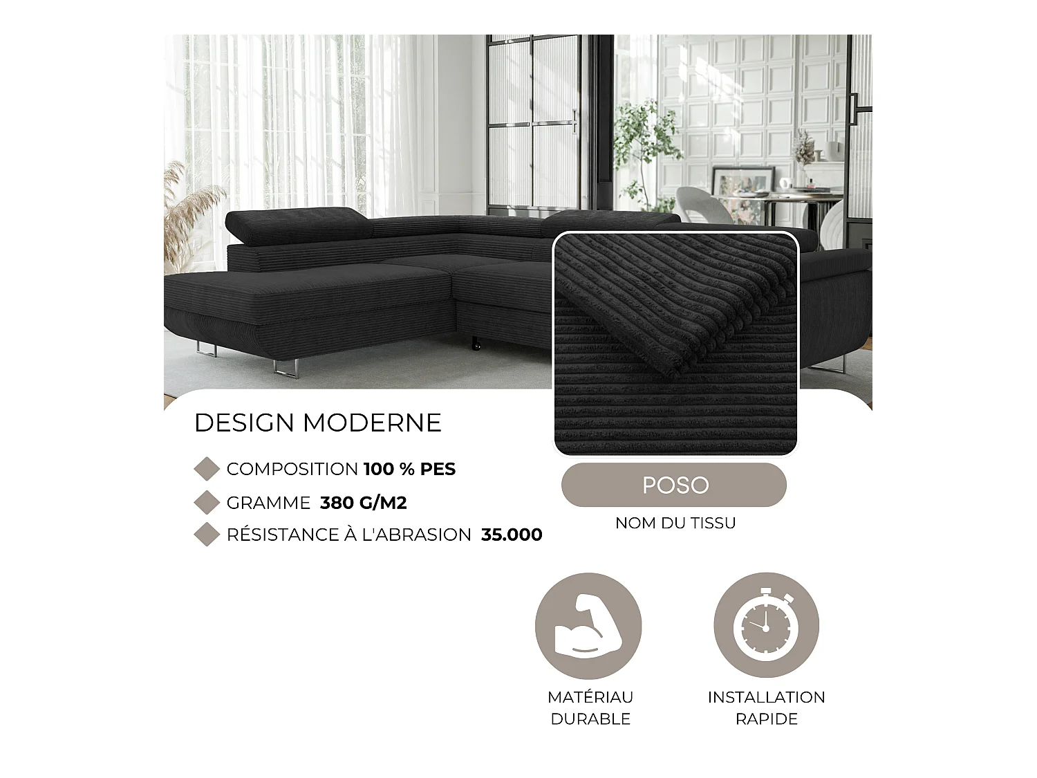 Canapé d'angle gauche convertible en tissu noir