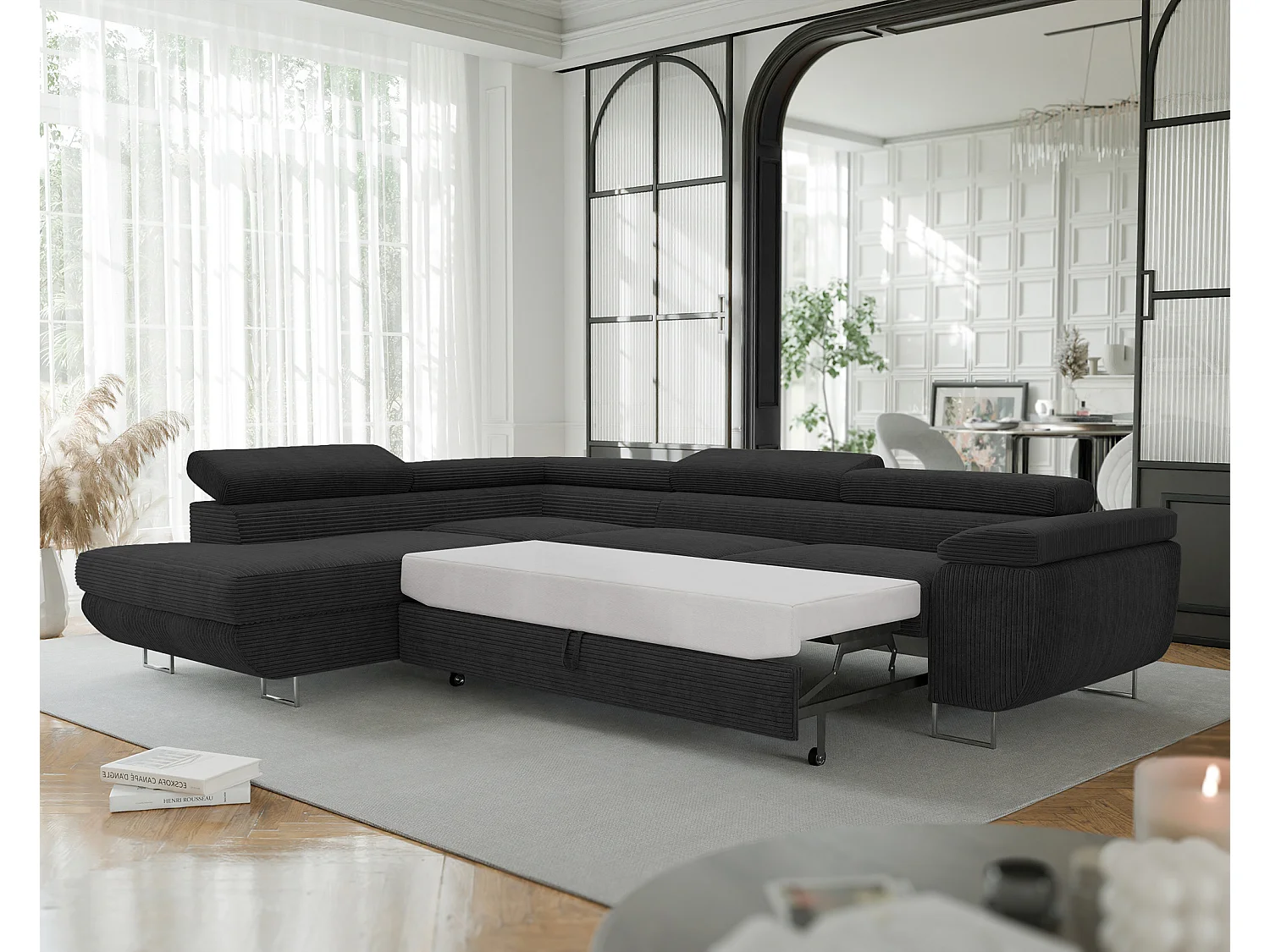 Canapé d'angle gauche convertible en tissu noir