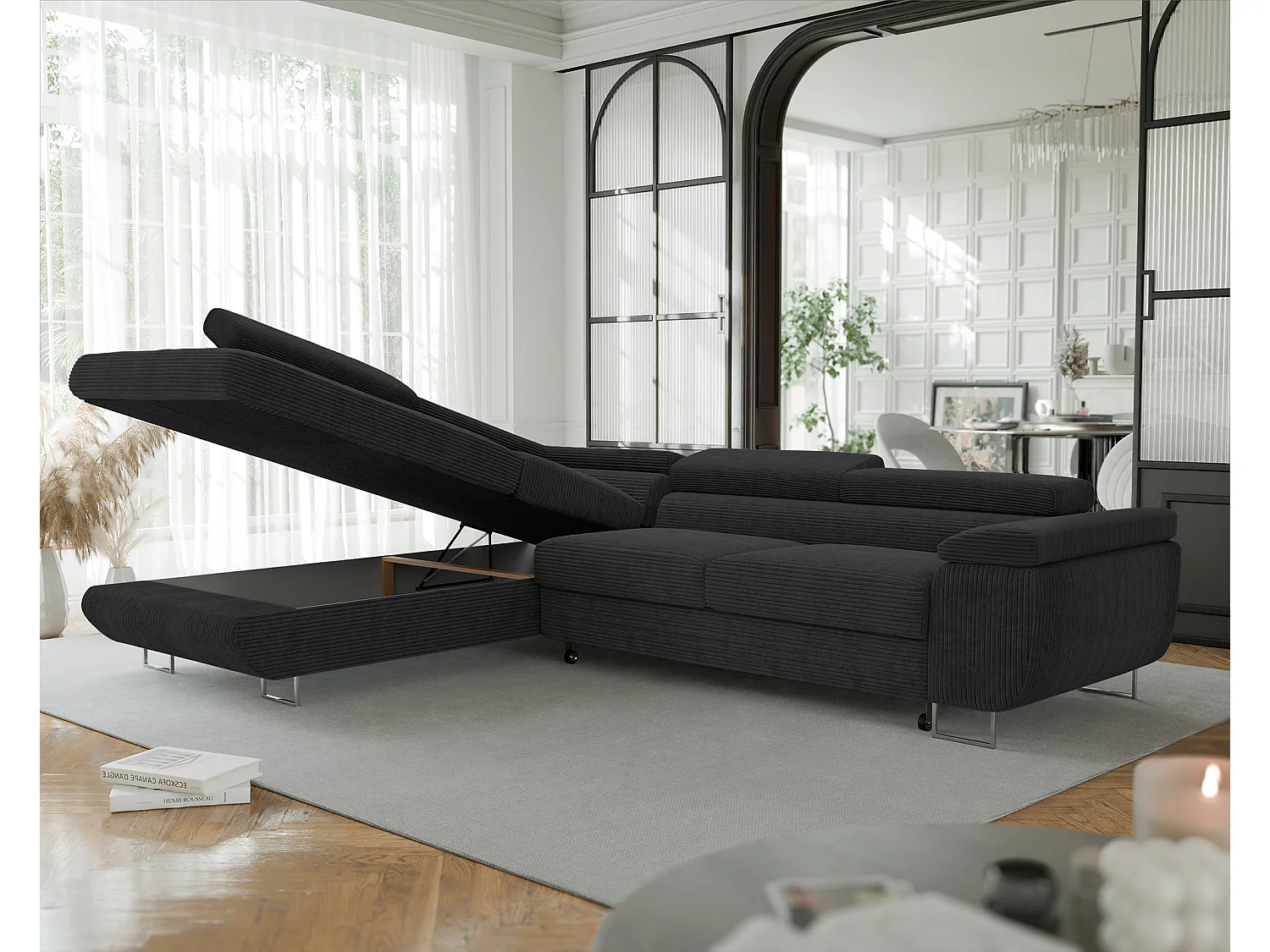 Canapé d'angle gauche convertible en tissu noir