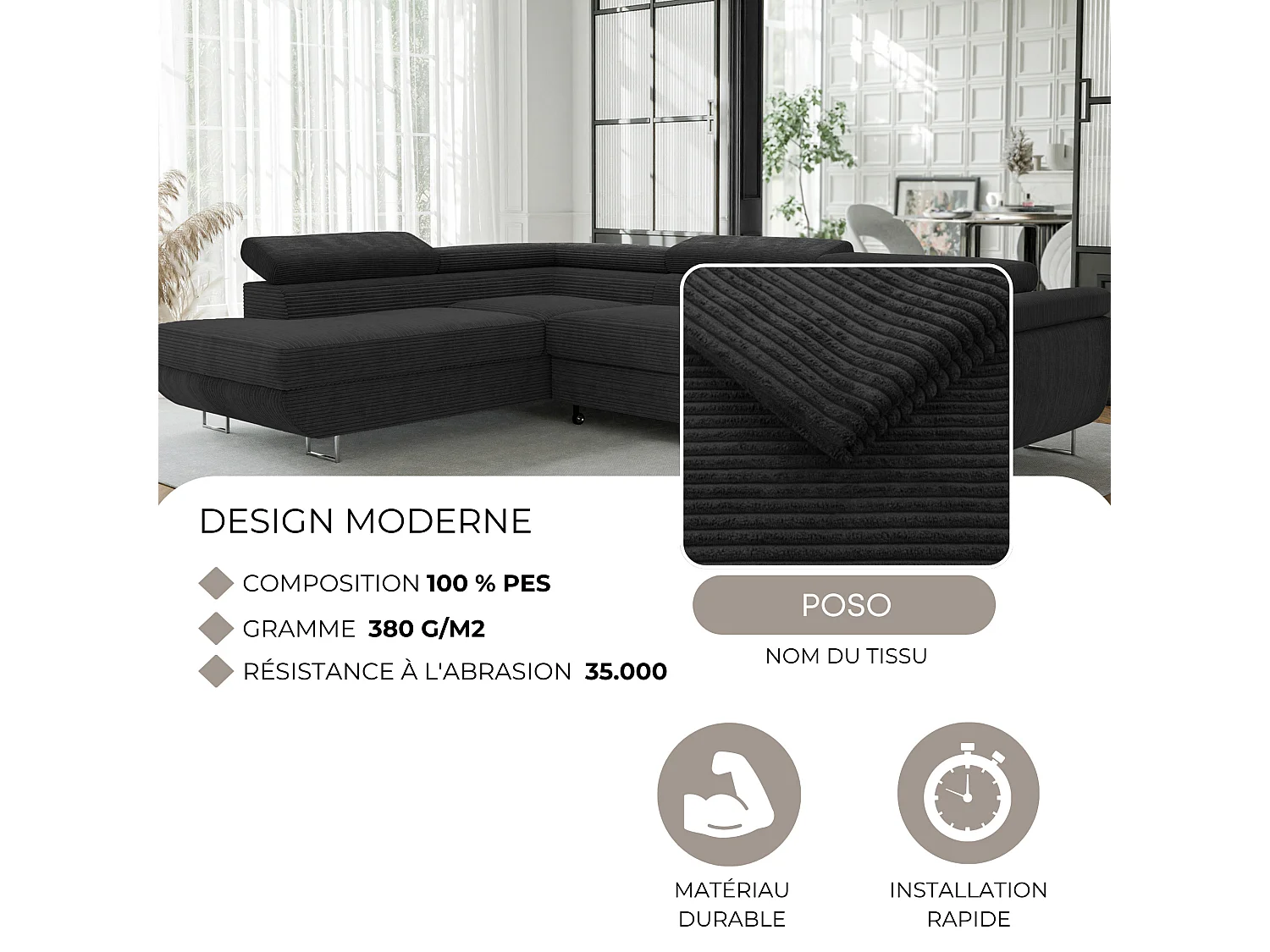 Canapé d'angle gauche convertible en tissu noir