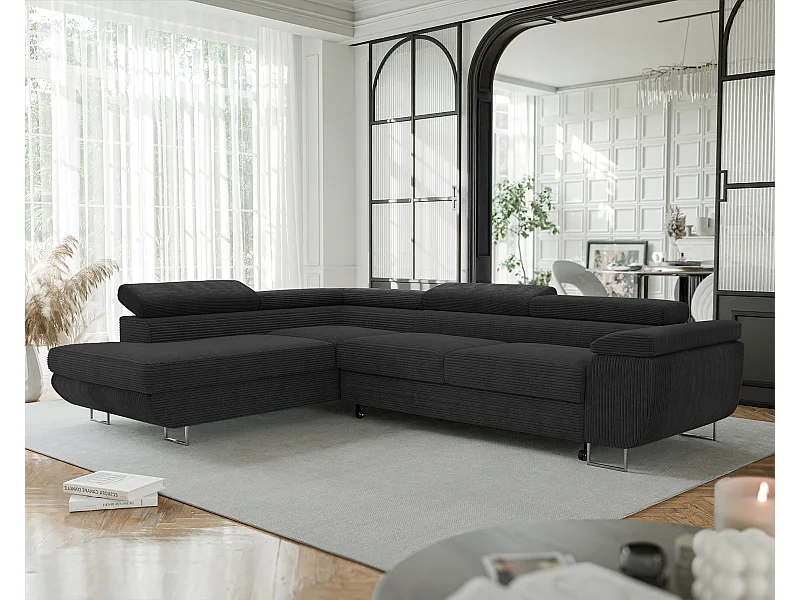 Canapé d'angle gauche convertible en tissu noir