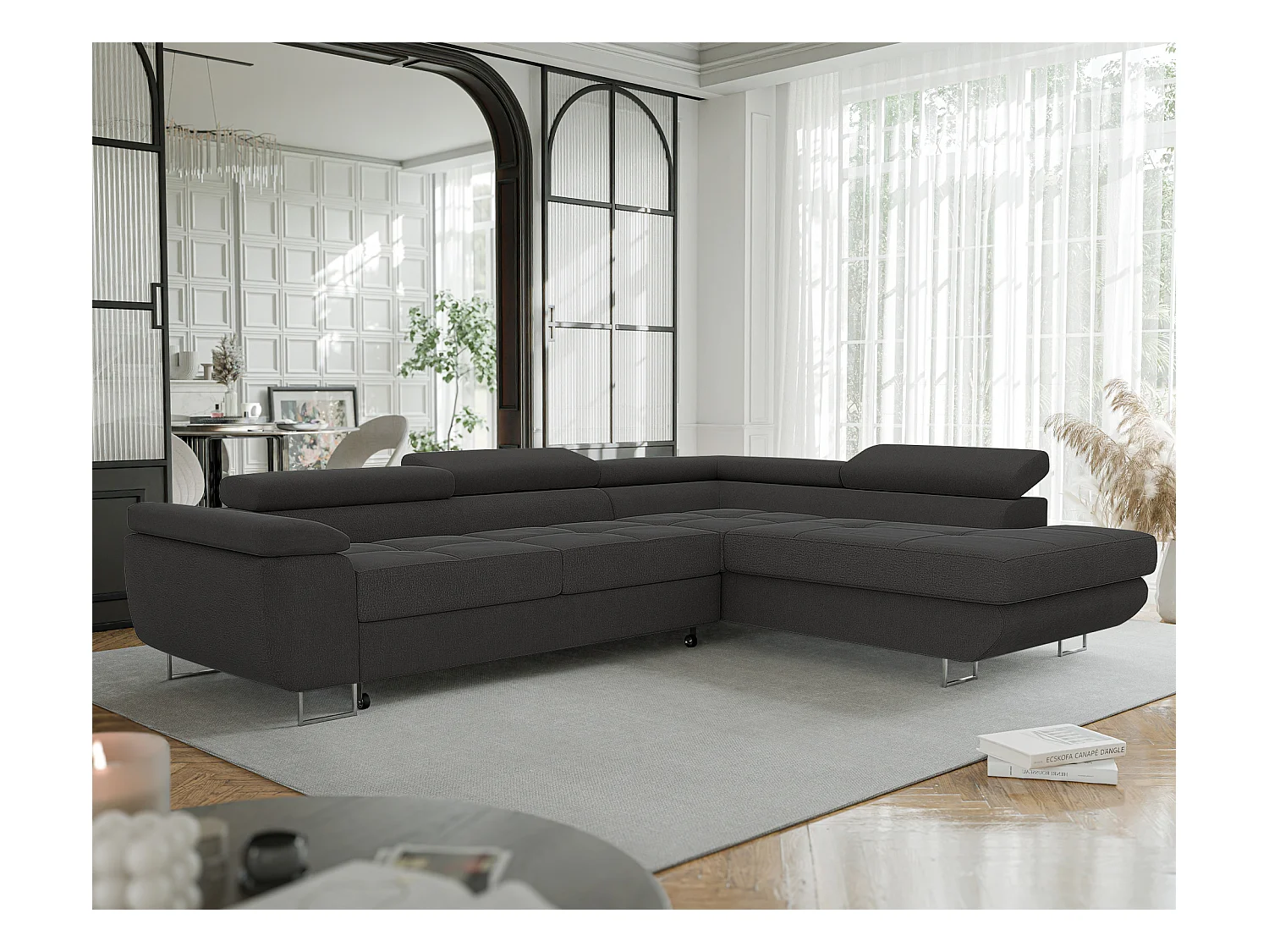 Canapé d'angle droit convertible en tissu gris foncé