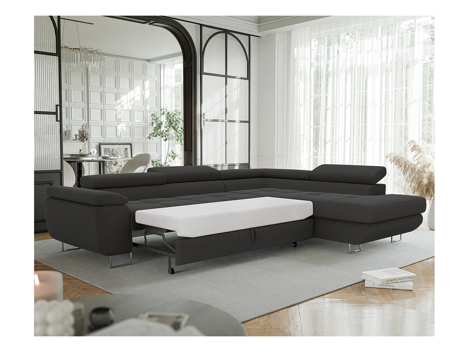 Canapé d'angle droit convertible en tissu gris foncé