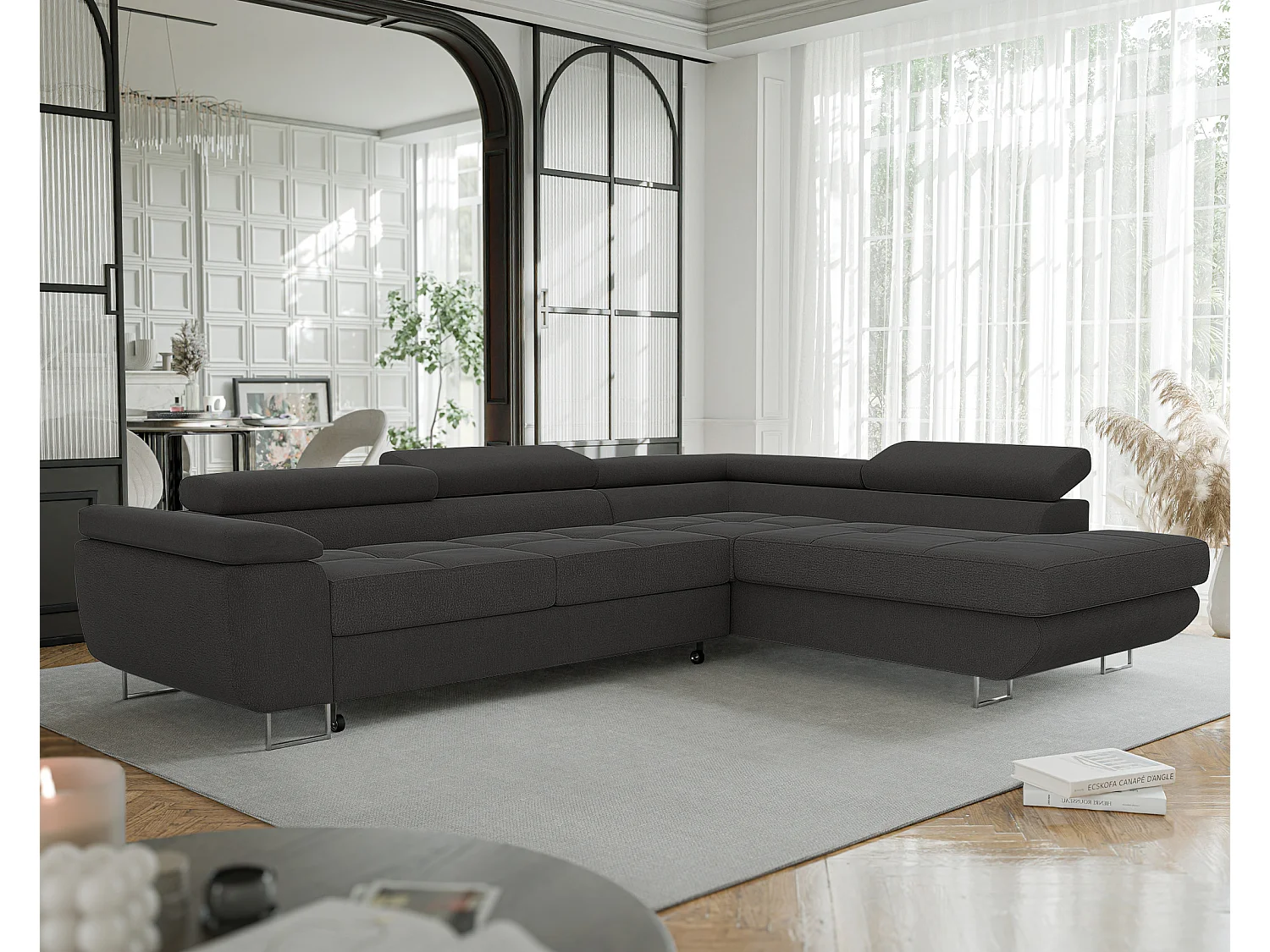 Canapé d'angle droit convertible en tissu gris foncé