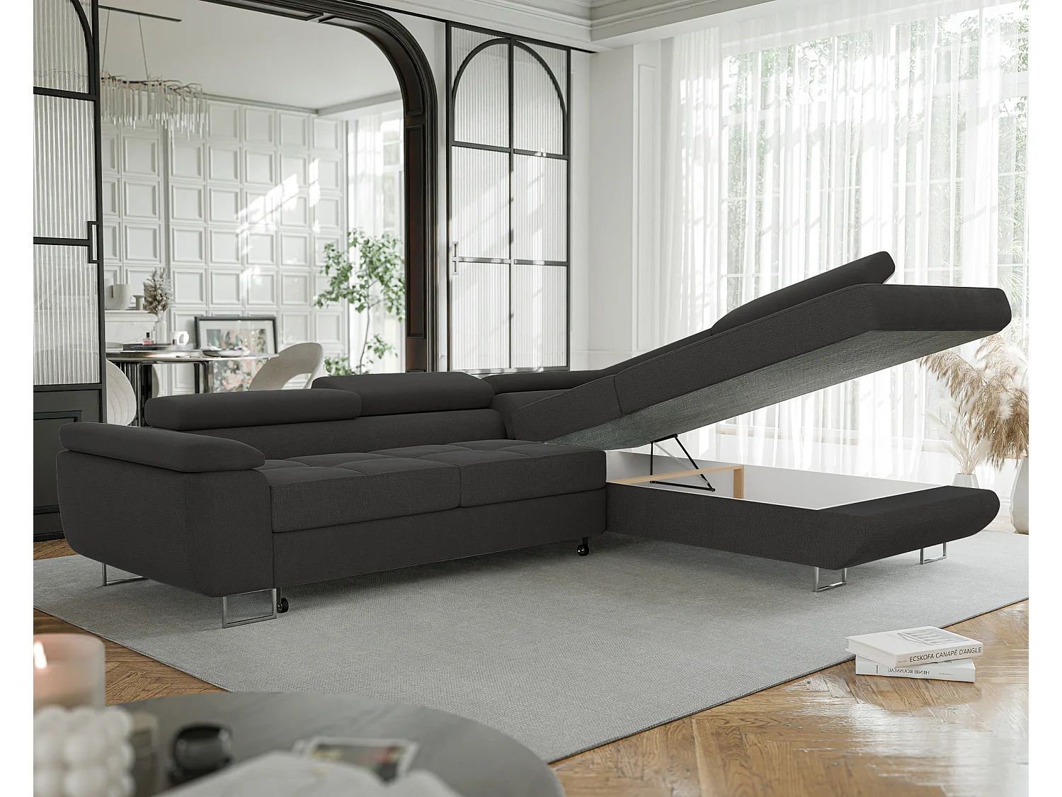 Canapé d'angle droit convertible en tissu gris foncé