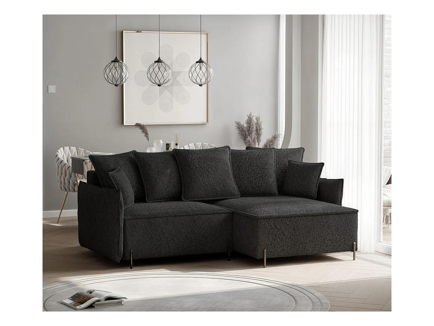 Canapé d'angle droit convertible, noir