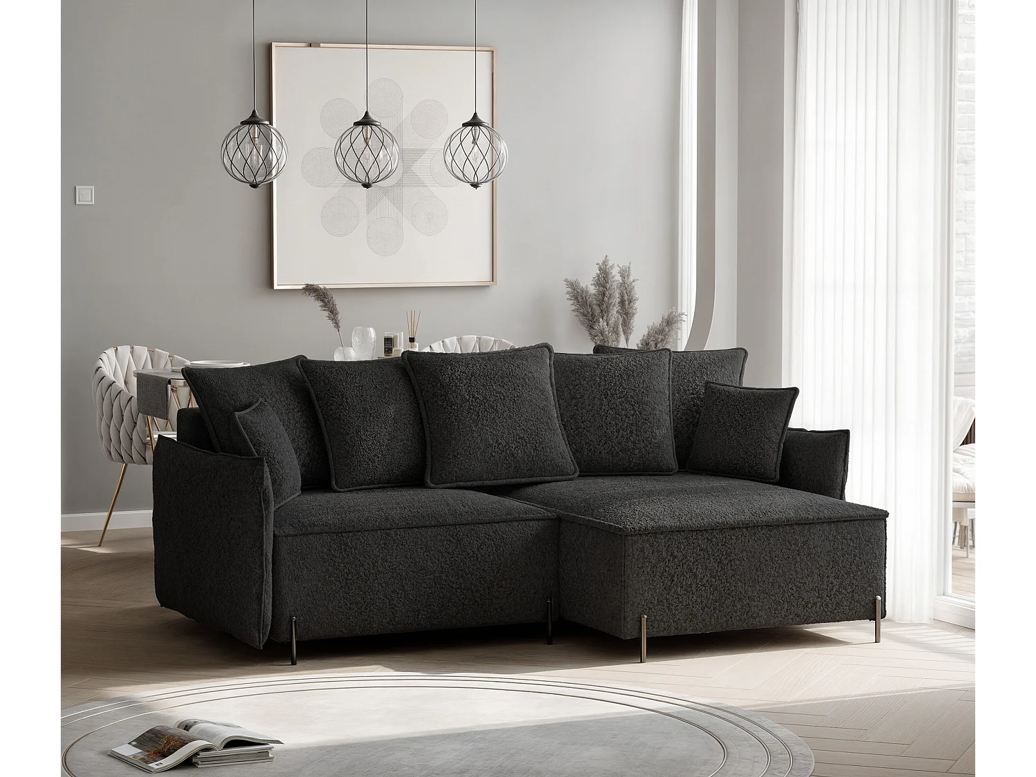 Canapé d'angle droit convertible, noir