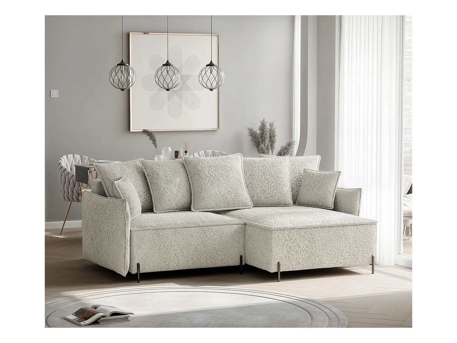 Canapé d'angle droit convertible, creme