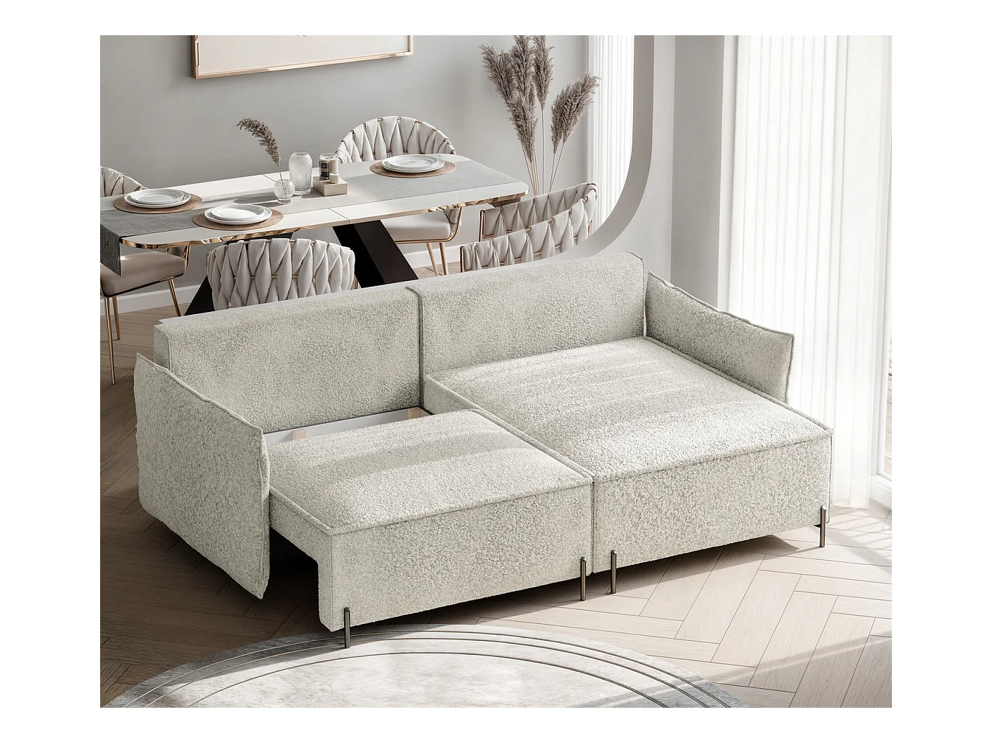 Canapé d'angle droit convertible, creme