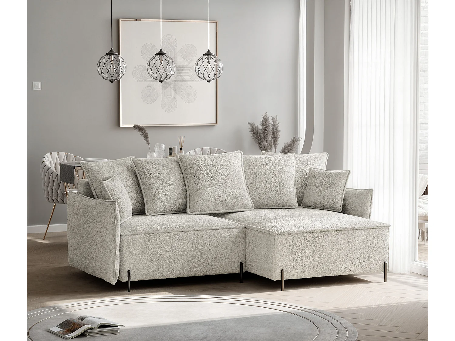 Canapé d'angle droit convertible, creme